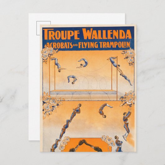 Carte Postale Trapèze, acrobates et trampoline volant (Devant / Derrière)