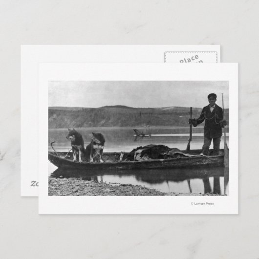 Carte Postale Trapper en canot avec des hanches et des chiens Al (Devant / Derrière)