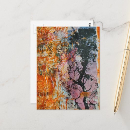 Carte Postale Tree Mixed Media Collage (Devant/Arrière en situation)