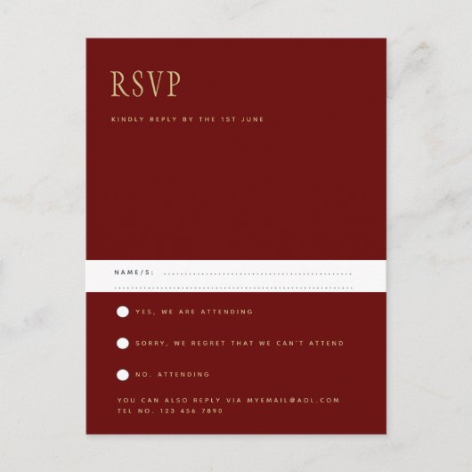 Carte Postale Trending Modern Bourgogne Gold Wedding RSVP Postca (Devant)