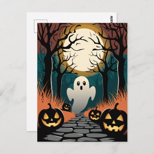 Carte Postale Trendy spooky Halloween Pumpkin Ghost Moon forest (Devant / Derrière)