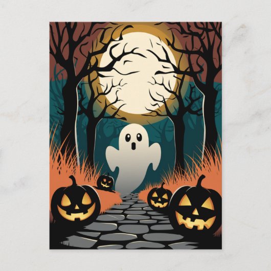 Carte Postale Trendy spooky Halloween Pumpkin Ghost Moon forest (Devant)