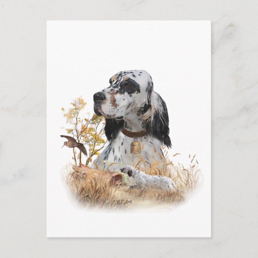 Carte Postale Tri Couleur Anglais Setter Art, chasse en bois (Devant)