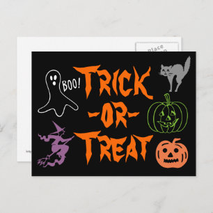 Carte Postale Trick or Treat Halloween Citrouille Ghost Witch