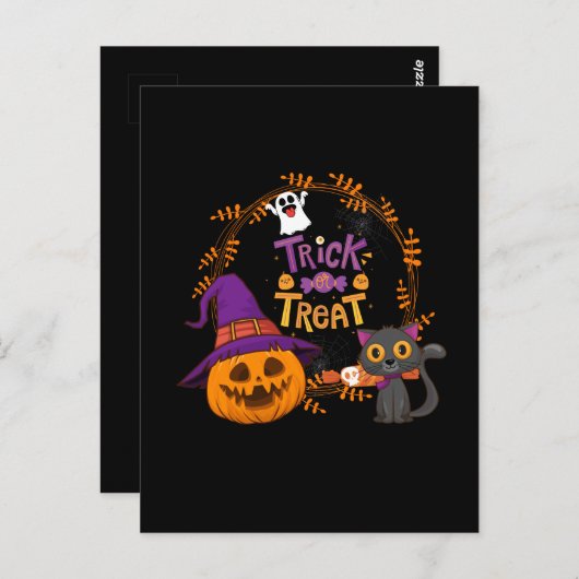 Carte Postale Trick ou traitement, Halloween heureux, Chat à la (Devant / Derrière)