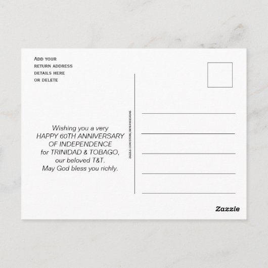 Carte Postale TRINITÉ-ET-TOBAGO 60e anniversaire de l'indépendan (Dos)