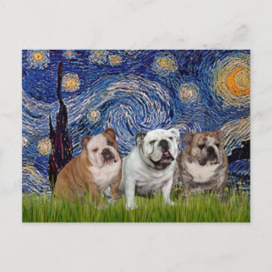 Carte Postale Trio de Bouledogues Anglais - Nuit Étoilée