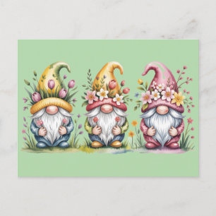 Carte Postale Trio de gnomes de printemps à l'aquarelle avec cha