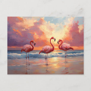 Carte Postale Trio Flamant rose sur la plage