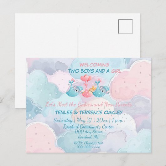 Carte Postale Triplets Two Boys and A Girl Shower Invite (Devant / Derrière)