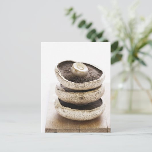 Carte Postale Trois champignons plats en pile sur une planche en (Debout devant)