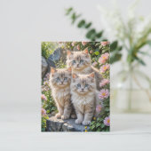 Carte Postale Trois chatons bouffants en fleurs roses (Debout devant)