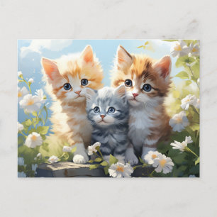 Carte Postale Trois chatons dans les marguerites