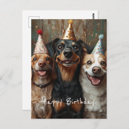 Carte Postale Trois chiens d'anniversaire (Devant / Derrière)