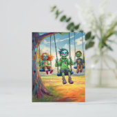 Carte Postale Trois enfants zombies à la balançoire dans le parc (Debout devant)