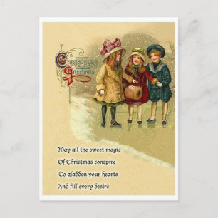 Carte Postale Trois filles dans la neige, vœux de Noël avec poèm