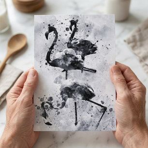 Carte Postale Trois flamants roseaux Aquarelle noir et blanc