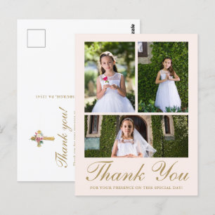 Carte Postale Trois fleurs photo croix première communion rose p