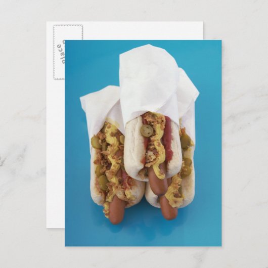 Carte Postale Trois hot dogs en petits pains (Devant / Derrière)