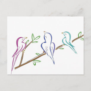 Carte Postale Trois oiseaux assis sur une branche