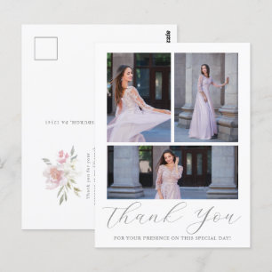 Carte Postale Trois Photo Quinceanera Pink Floral Script