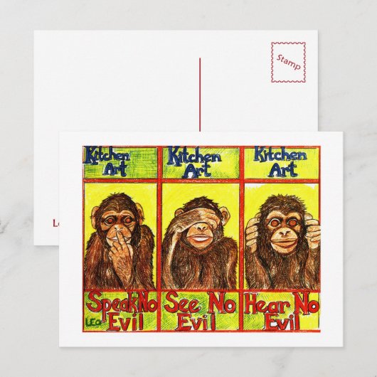 Carte Postale Trois singes sages (Devant / Derrière)
