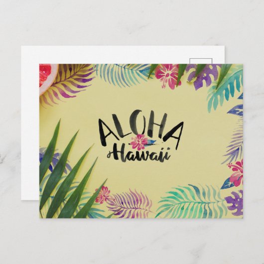 Carte postale tropicale Aloha Hawaï à l'aquarelle (Devant / Derrière)
