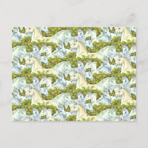 CARTE POSTALE TROUPEAU DE LICORNES MÉDIÉVALES, CHEVAUX, ÉTALON F