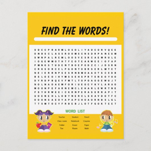 Carte Postale Trouver les mots, Word Search Activity Card (Devant)