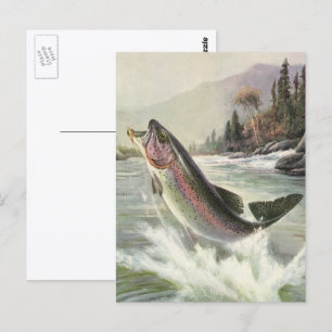 Carte Postale Truite arc-en-ciel, pêcheur de poissons vintage pê