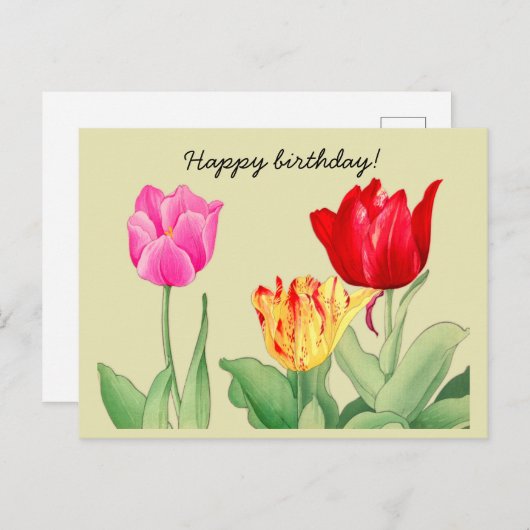 Carte Postale Tulipe, art de gravure sur bois japonais, Joyeux A (Devant / Derrière)