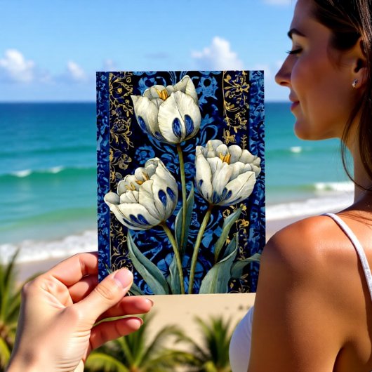 Carte Postale Tulipe Damassé Bleu Blanc
