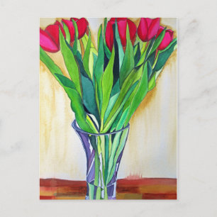 Carte Postale tulipe rose et rouge aquarelle art