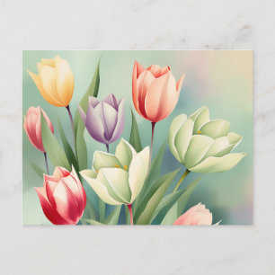 Carte Postale Tulipes colorées Aquarelle Romantique