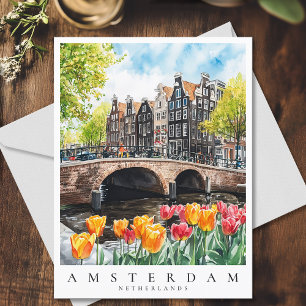 Carte Postale Tulipes du canal d'Amsterdam au printemps Aquarell