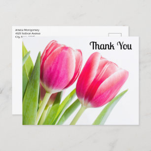 Carte Postale Tulipes roses avec Merci photo Feuille vert