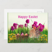 Carte Postale Tulipes roses et vacances de lapin de Pâques (Devant / Derrière)