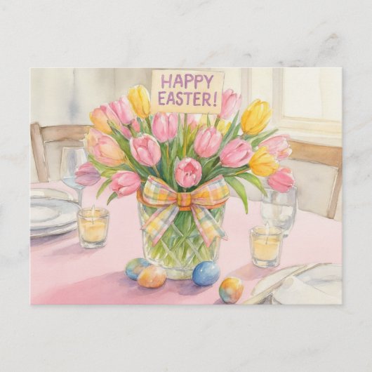 Carte Postale Tulipes roses Joyeuses Pâques (Devant)