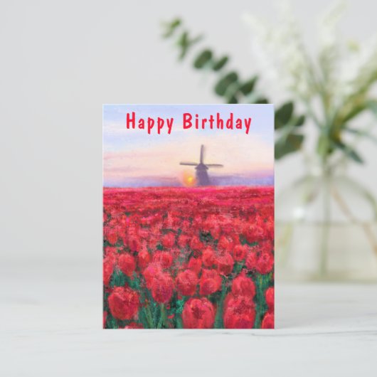 Carte Postale Tulips Field Spring en Pays-Bas - Joyeux anniversa (Debout devant)