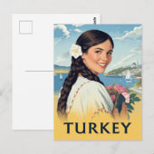 Carte Postale Turkey Travel Poster Smiling Woman and Coastal (Devant / Derrière)