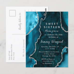 Carte Postale Turquoise bleu et argenté marbre Sweet sixteen