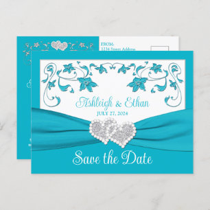 Carte Postale Turquoise, Coeurs d'Amour Argent Sauvez la date