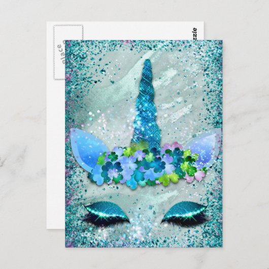 Carte postale turquoise et Aqua Sparkling Unicorn (Devant / Derrière)
