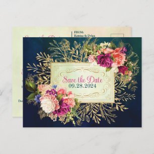Carte Postale Turquoise, Navy, Green, Gold Bold Florals Enregist