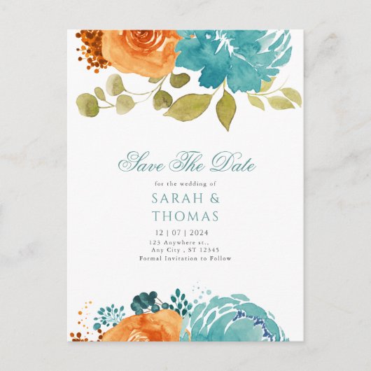 Carte Postale Turquoise Orange Boho Floral Automne Enregistrer L (Devant)