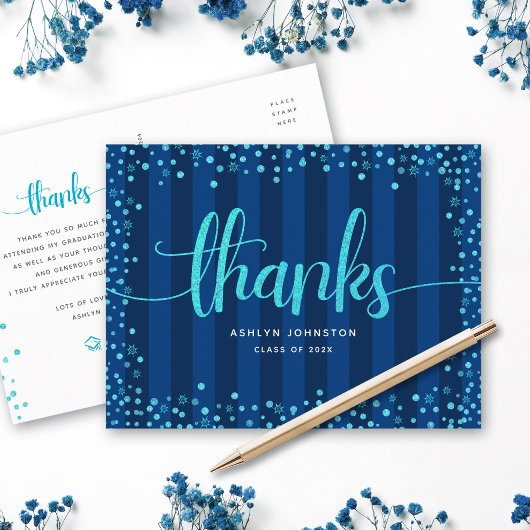 Carte Postale Turquoise pailleté écriture script diplômé navy me