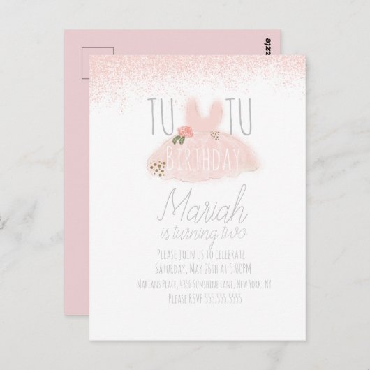 Carte Postale Tutu Minimal Fille Anniversaire Deux Ans Paillette (Devant / Derrière)