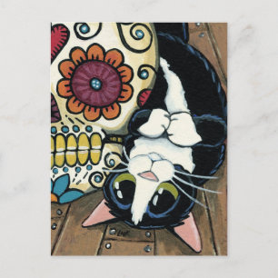 Carte Postale Tuxedo Cat et crâne de sucre Illustration