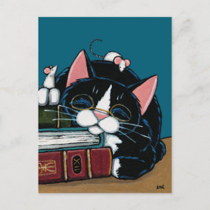 Carte Postale Tuxedo Cat & White Mice Bedtime Story Illustration