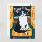 Carte Postale Tuxedo Chat à Snowy Fenêtre Peinture (Devant / Derrière)